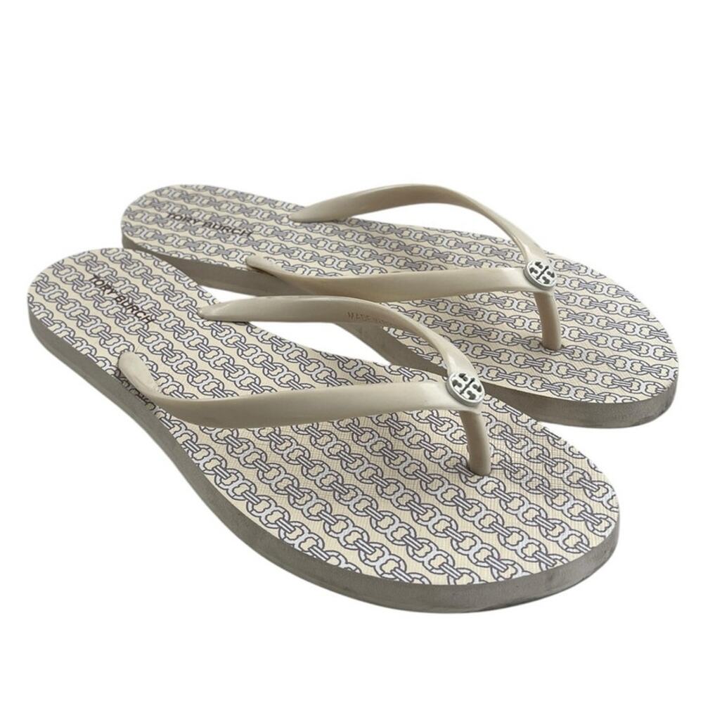 Womens Tory Burch Rubber Flip Flop Sandal 6M White Geometric Beach Outdoor - Picture 2 of 6